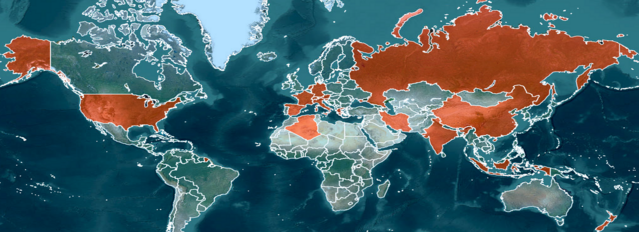 ESRI-Satellitenbild der Erde, auf dem die Herkunftsländer der Institutsmitglieder farblich hervorgehoben sind